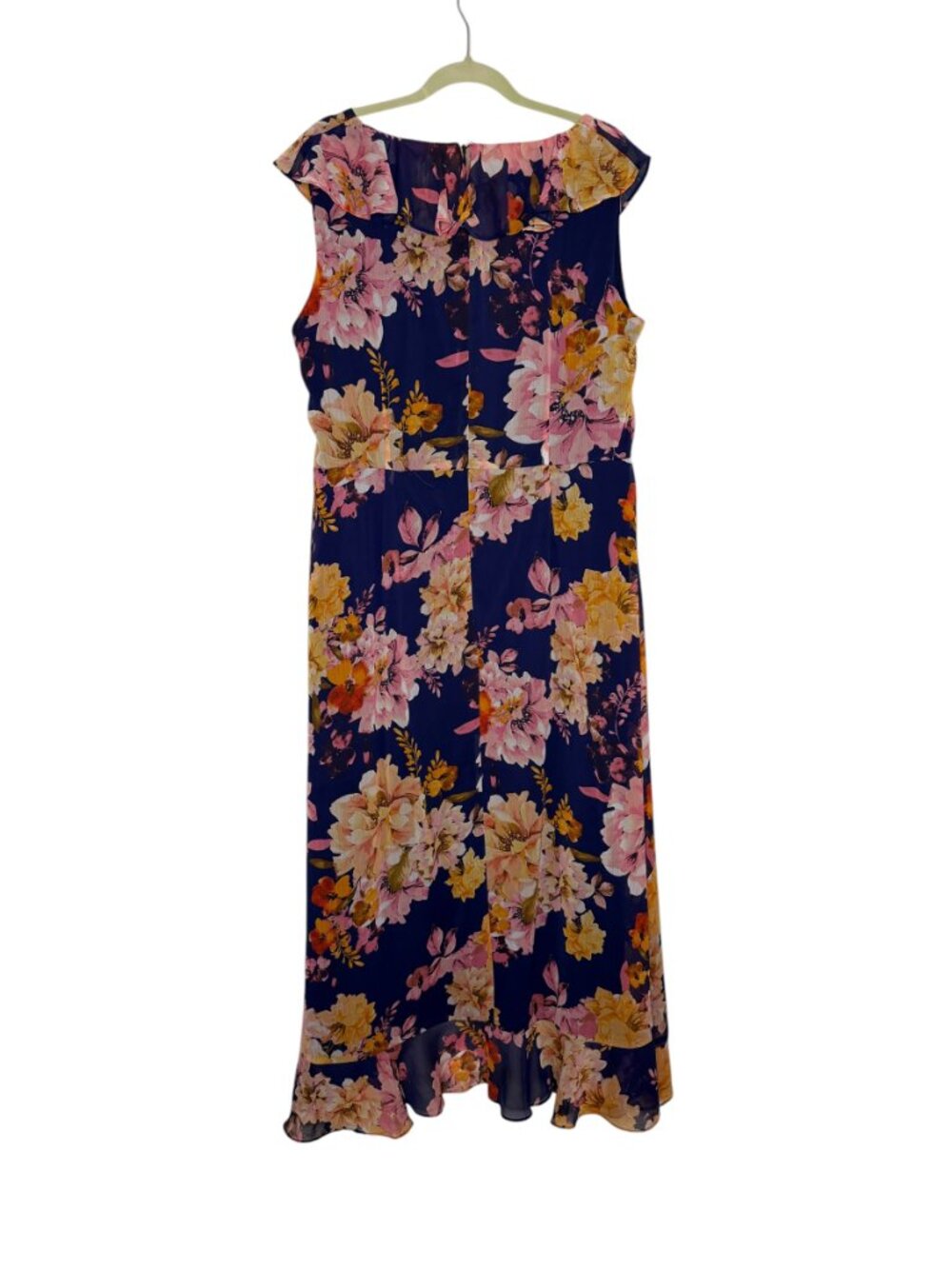 London Times Akong Woman Maxi Dress Chiffon Ruffle Floral Blue Pink Orange 16W - Picture 5 of 9